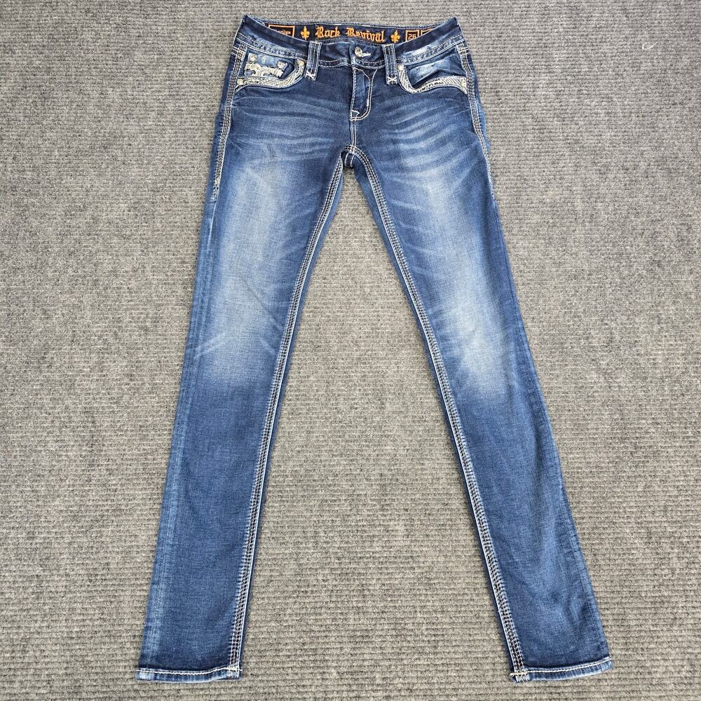 Rock Revival Cherilyn Easy Skinny Jeans Womens 26 Blue Fleur De Lis Bling
